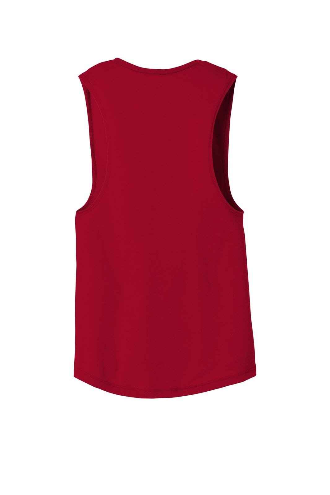A red women's flowy scoop muscle tank top with a sleeveless design and a logo on the back.