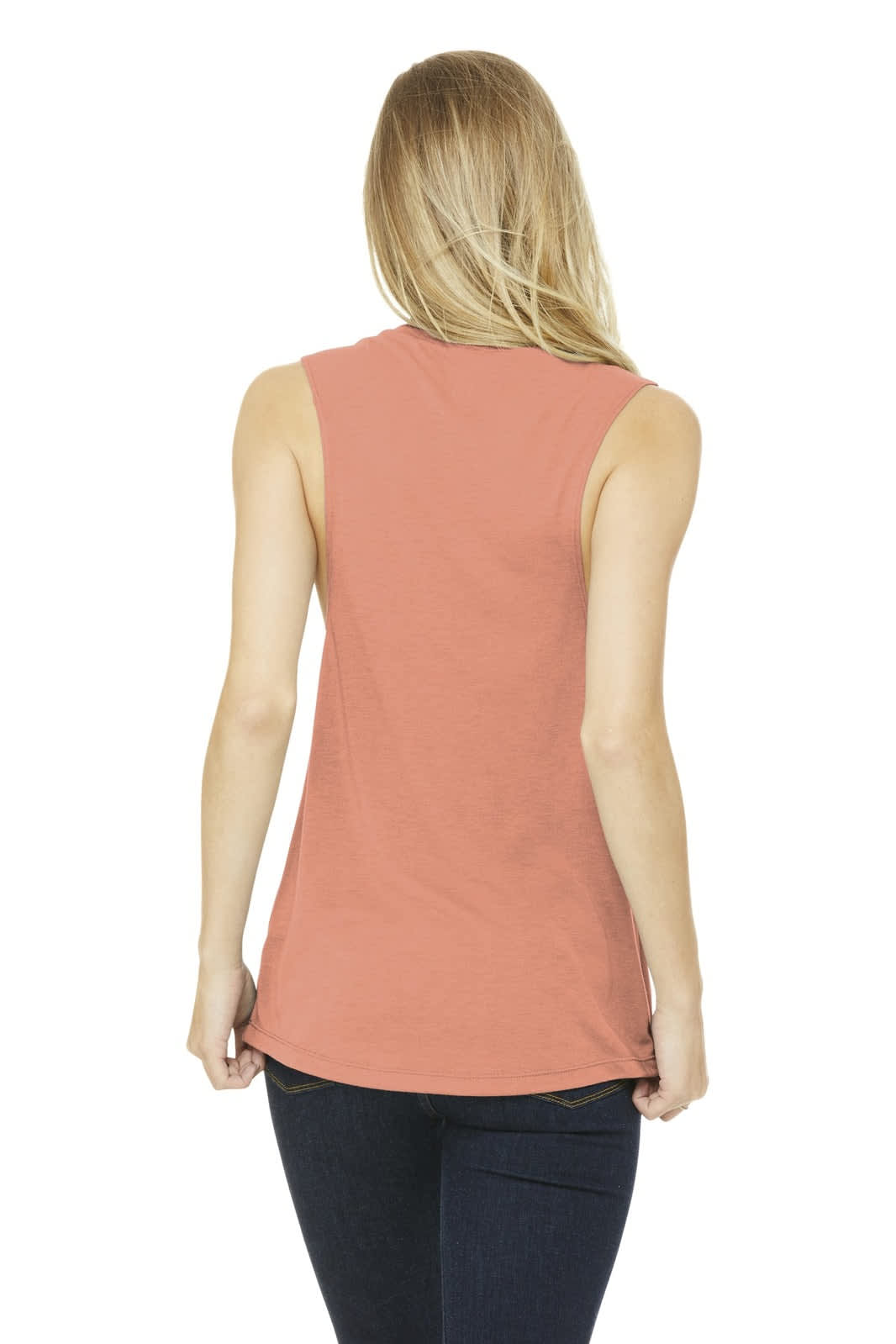 A women's flowy scoop muscle tank in a coral colour, featuring a sleeveless design and a back view.