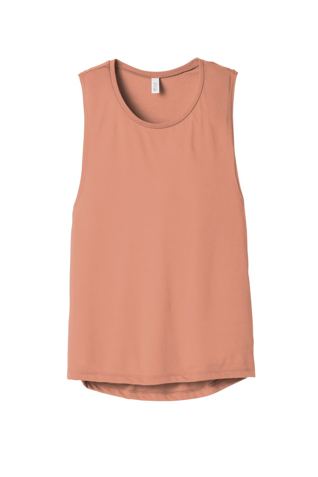 A women's flowy scoop muscle tank in a soft terracotta colour, featuring a logo.