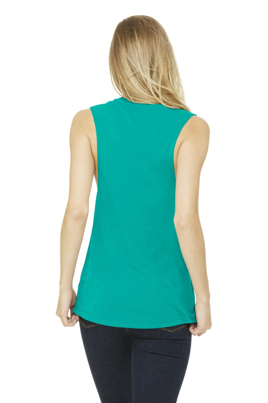 A women's flowy scoop muscle tank in teal, featuring a sleeveless design and a relaxed fit.