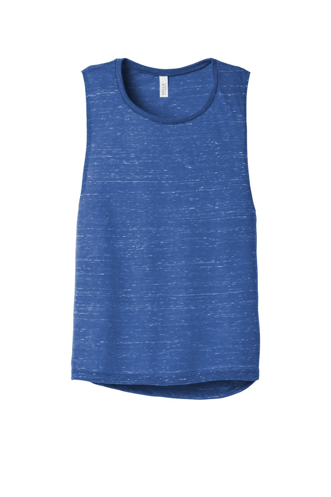 A blue women's flowy scoop muscle tank with a slight texture and a rounded hem. It features a brand logo.