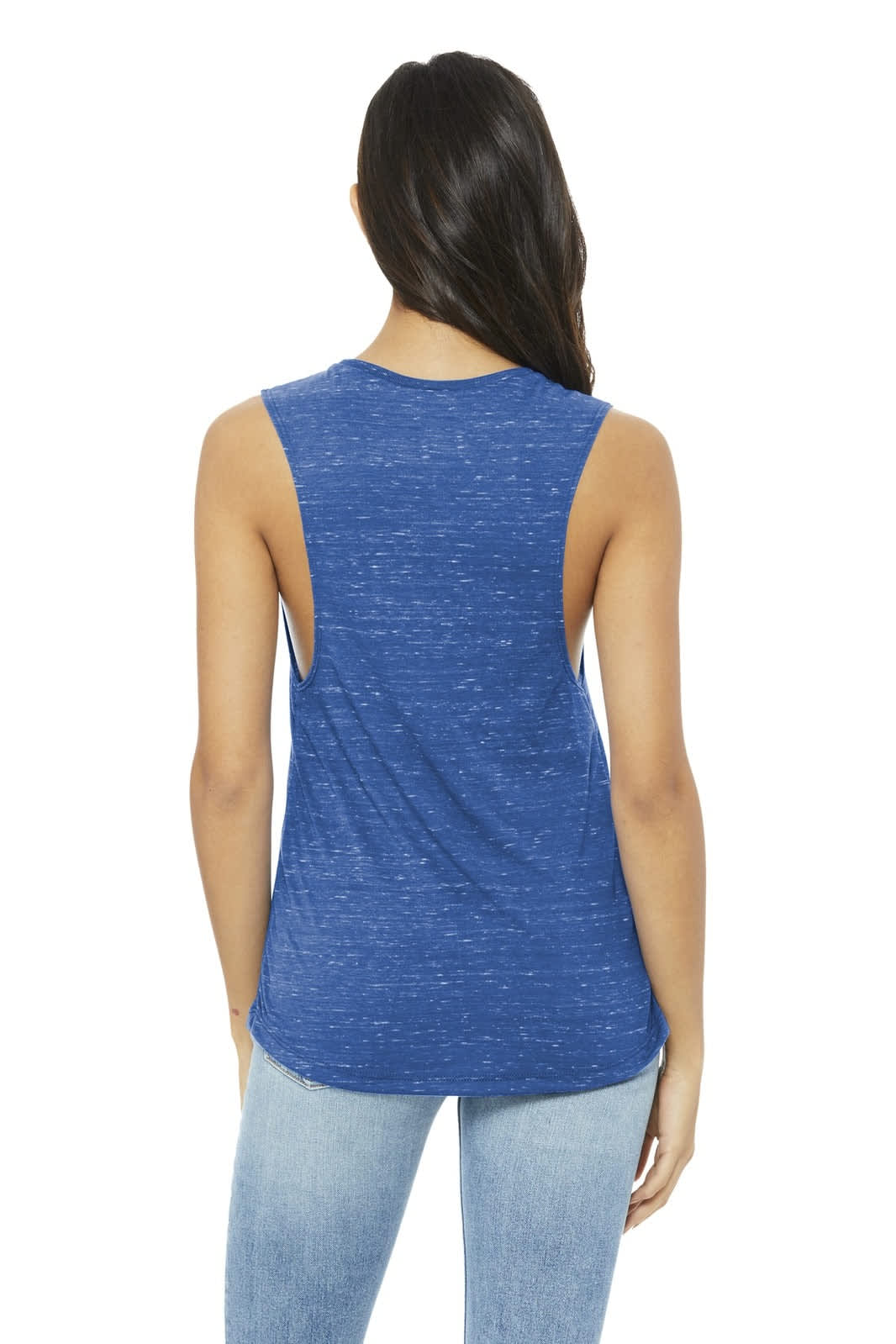 A women's flowy scoop muscle tank in blue with a relaxed fit and a back view displayed. Features a logo.