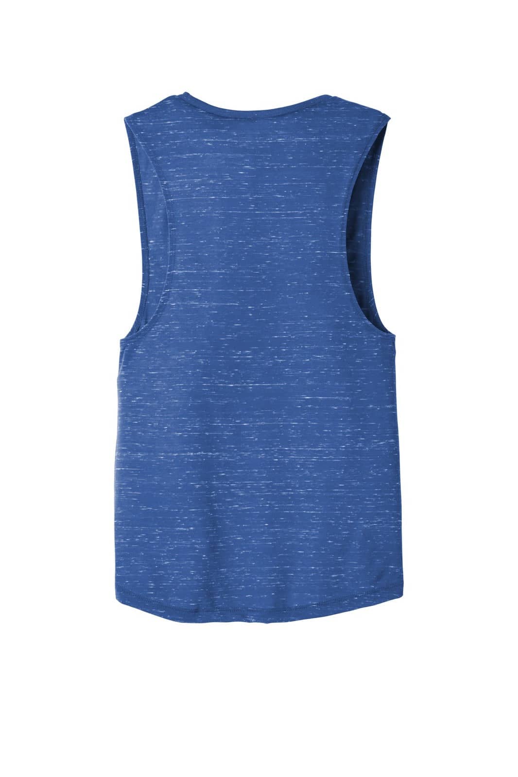 A blue women's flowy scoop muscle tank top featuring a back view with a slight heathered texture and a logo.