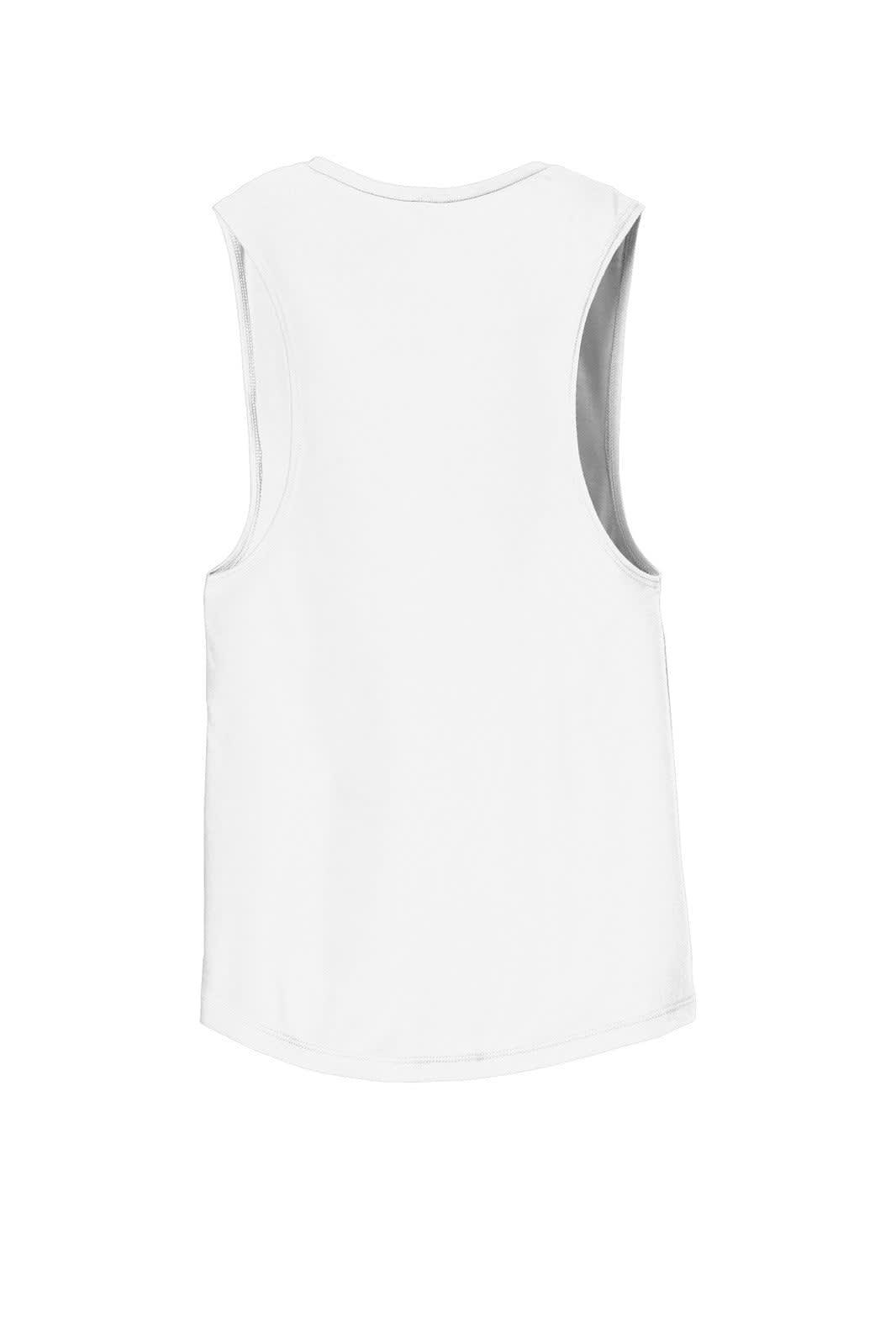 A white women's flowy scoop muscle tank, featuring wide armholes and a comfortable fit, with a logo on the back.