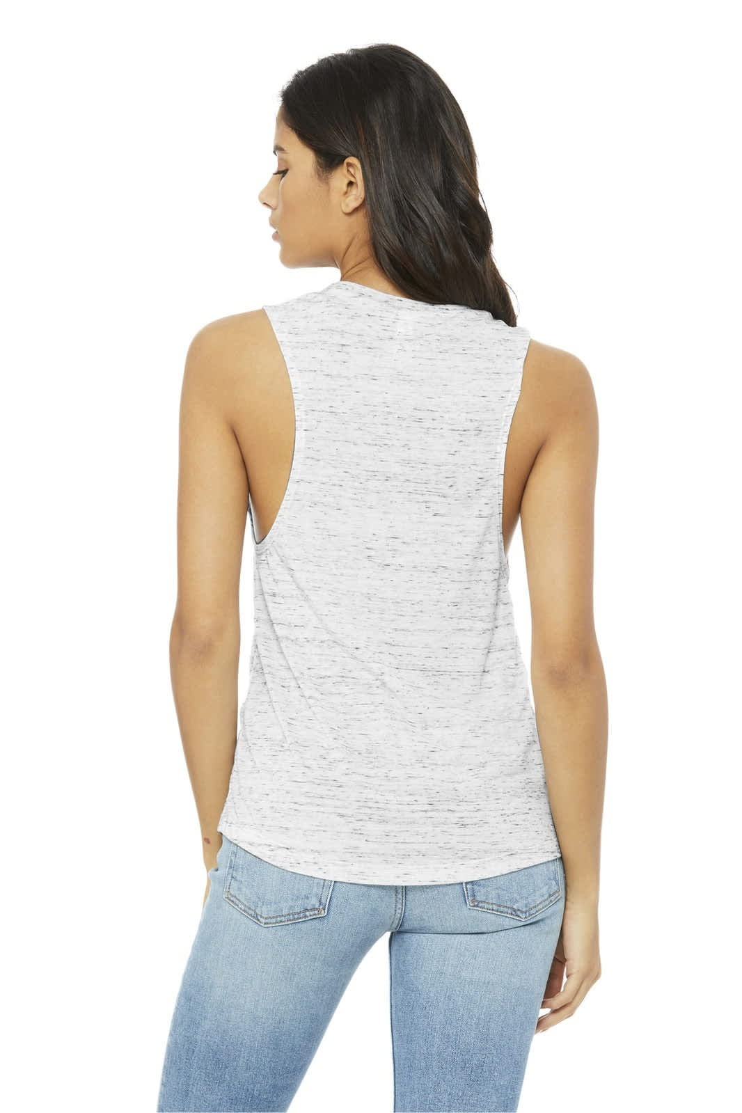 A grey women's flowy scoop muscle tank top with an open back design, featuring a logo. Styled with blue jeans.