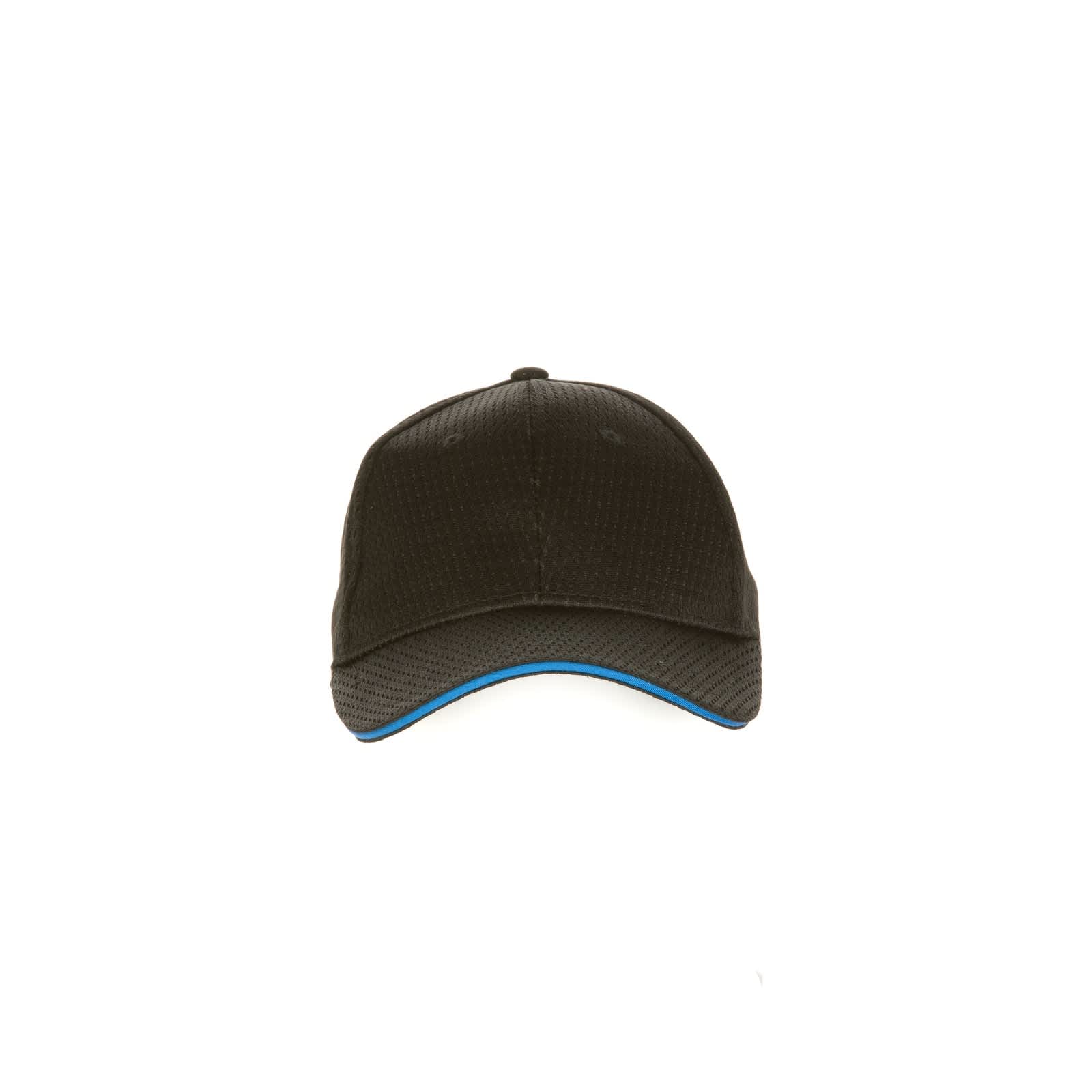 A black baseball cap with a blue trim and a mesh design, featuring a logo on the front.
