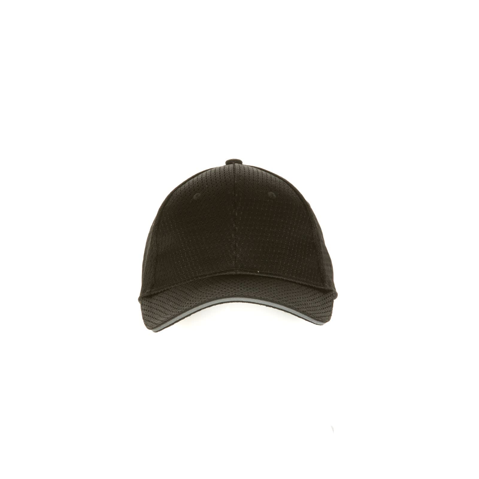 A black baseball cap featuring a textured design and a contrasting trim, with a logo on the front.