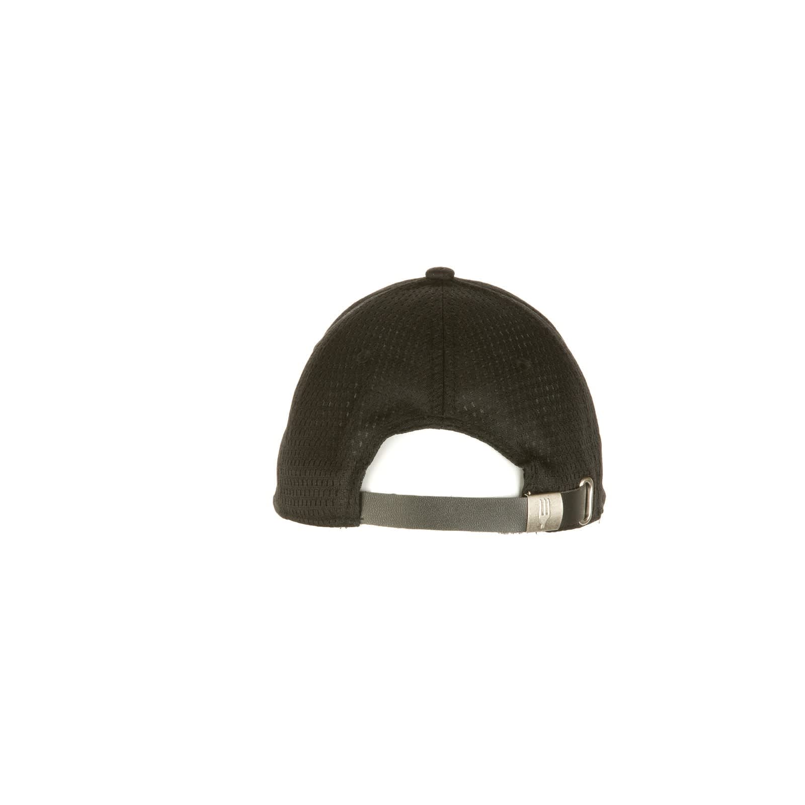 A black baseball cap with a mesh design, featuring a grey adjustable strap at the back and a logo.