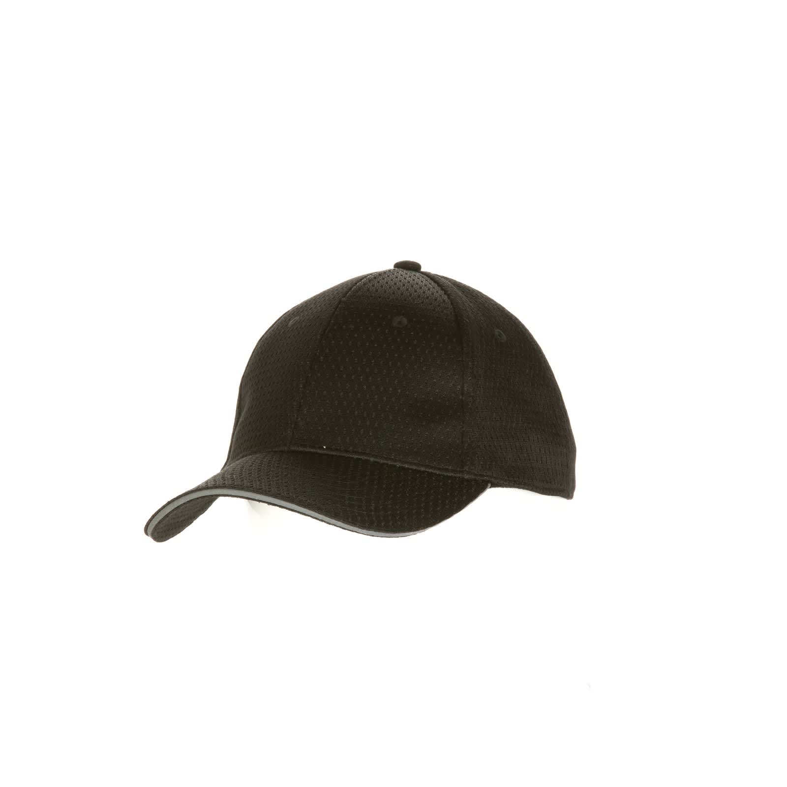 A black baseball cap with a ventilated design and a contrasting trim. It features a logo.