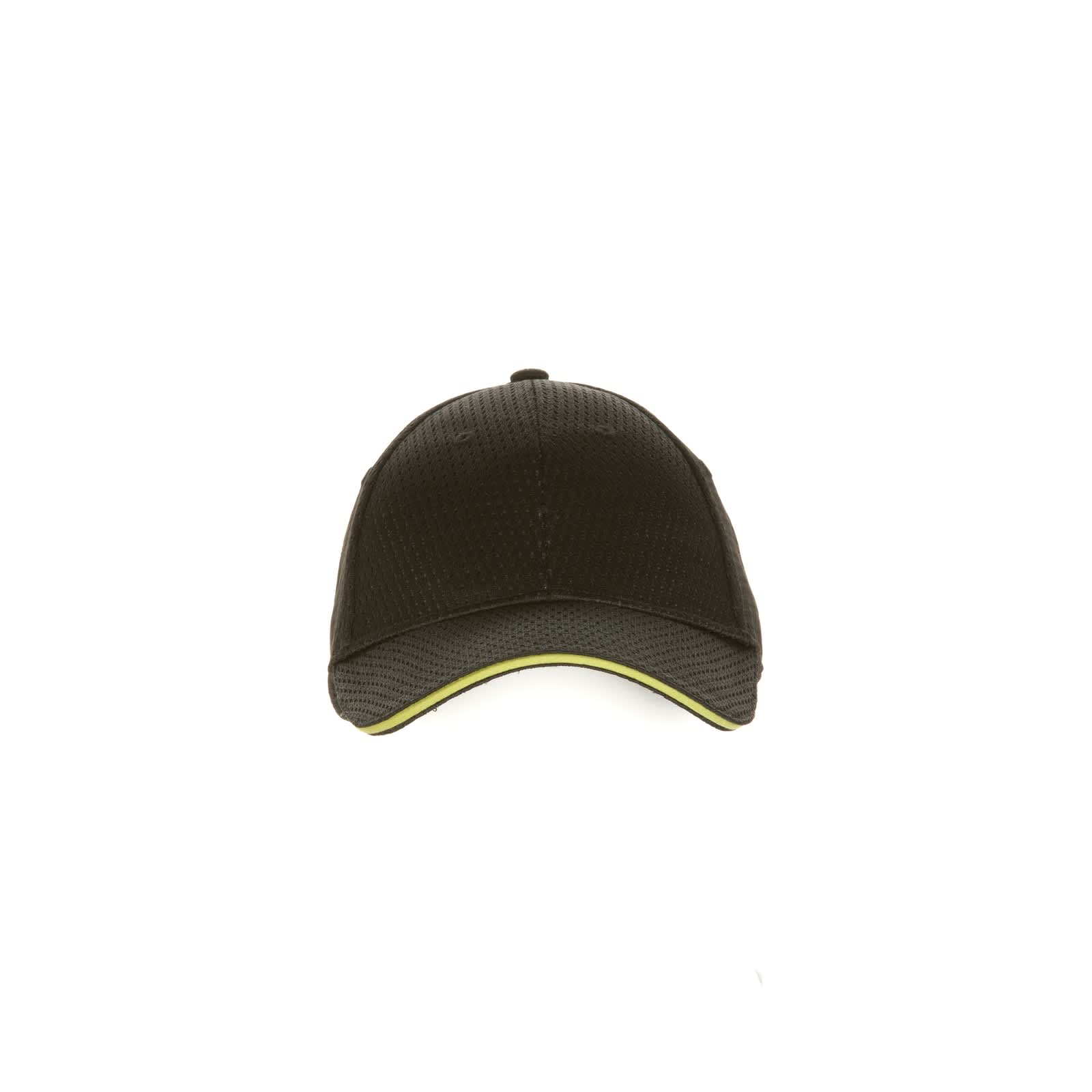 A black baseball cap with a mesh design and a yellow trim, featuring a logo on the front.