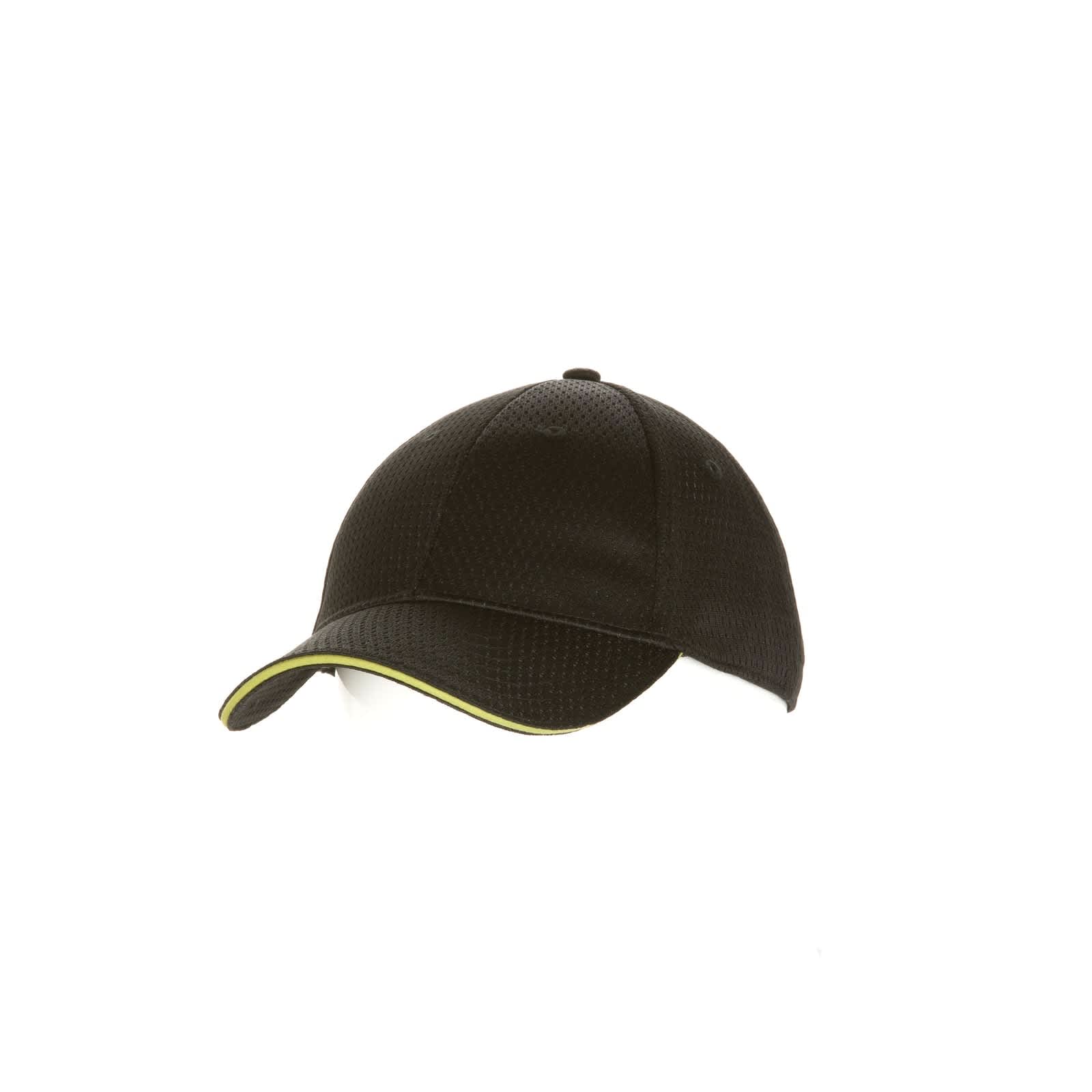 A black baseball cap with trim in a contrasting colour, featuring a textured design and a logo.