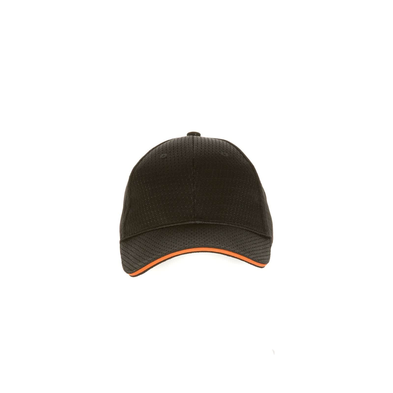 A black baseball cap with an orange trim and a textured design, featuring a logo on the front.