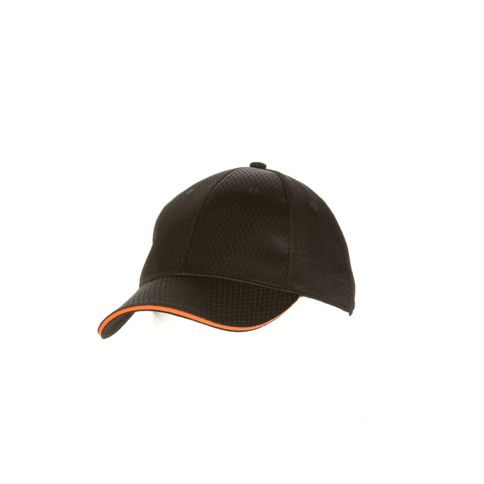 A black baseball cap featuring a vented design and an orange trim, complete with a logo.