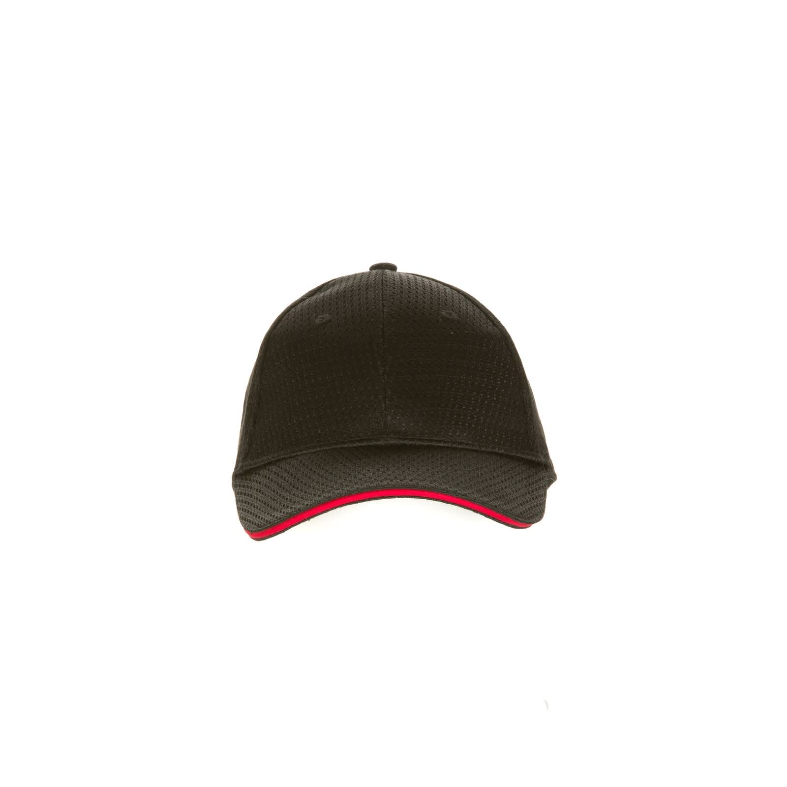 A black baseball cap with a red trim, featuring a textured design and a logo on the front.