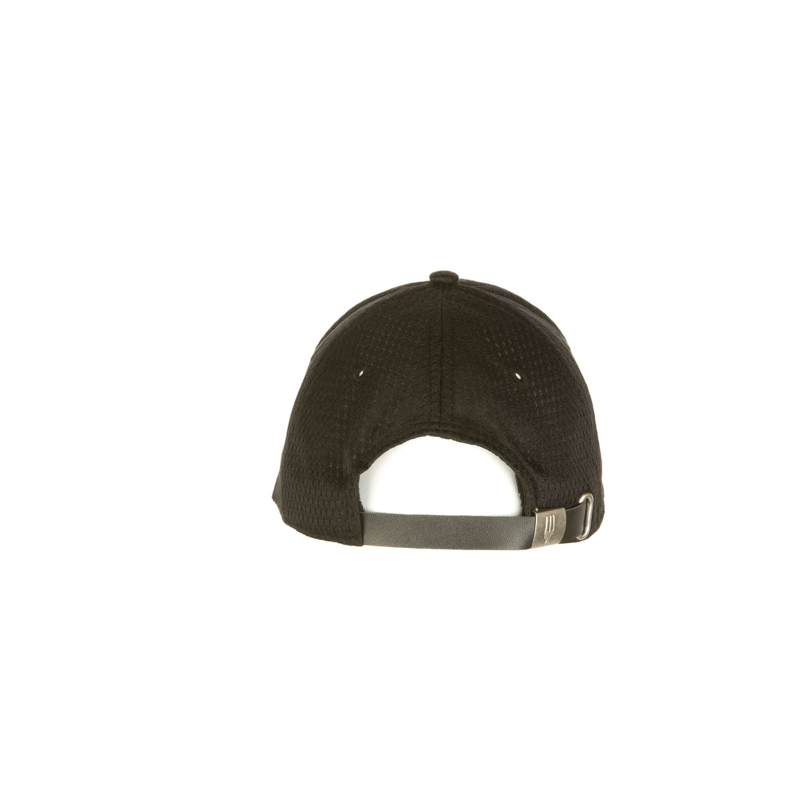 A black baseball cap with a textured fabric and an adjustable strap at the back, featuring a logo.