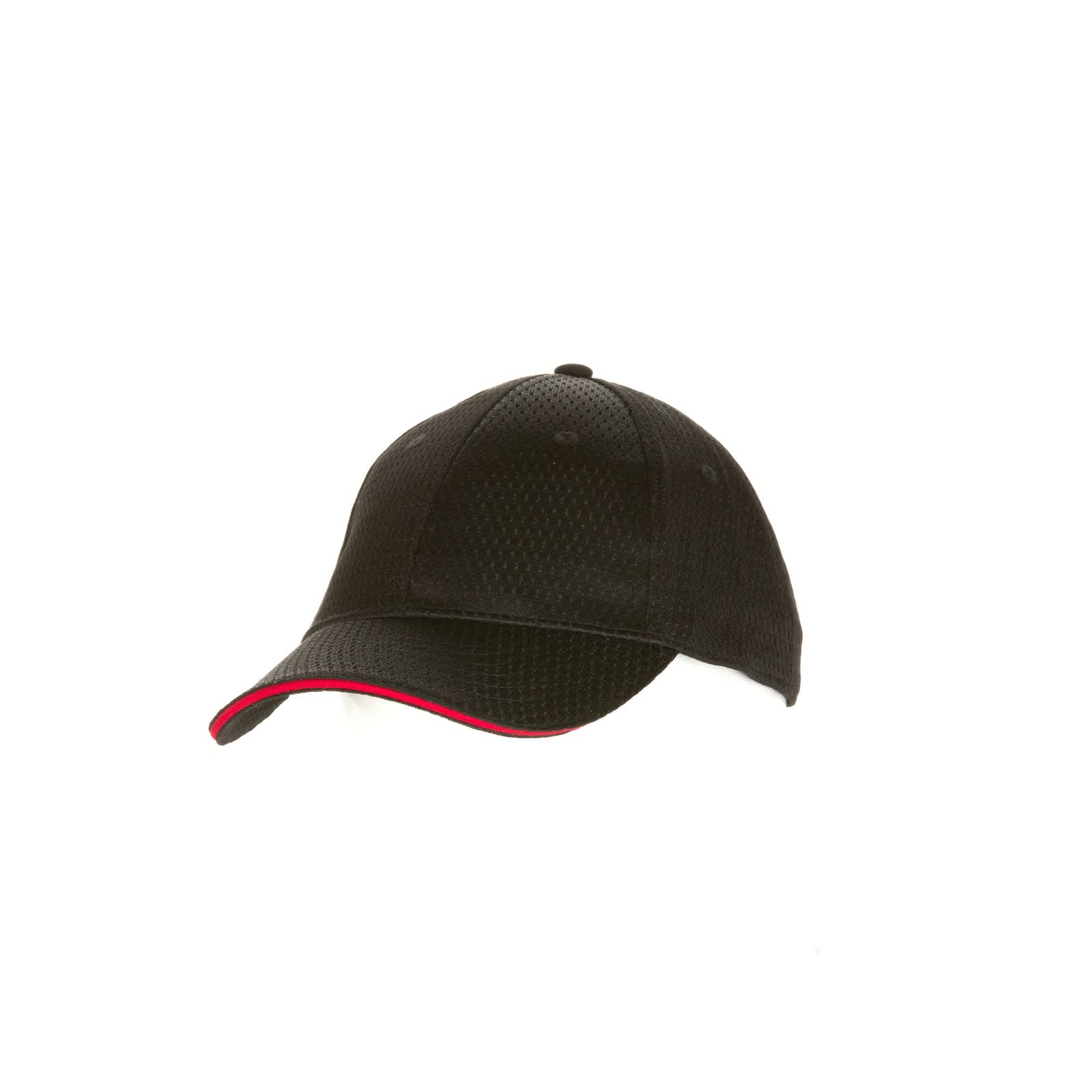 A black baseball cap with a mesh design and red trim, featuring a logo on the front.