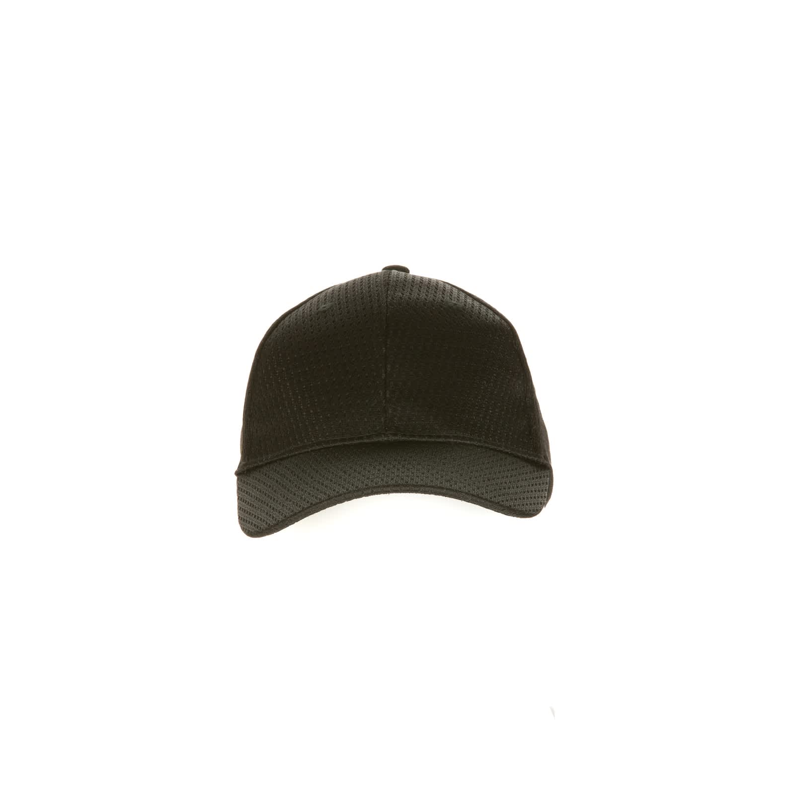 A black baseball cap with a textured surface and a logo on the front.