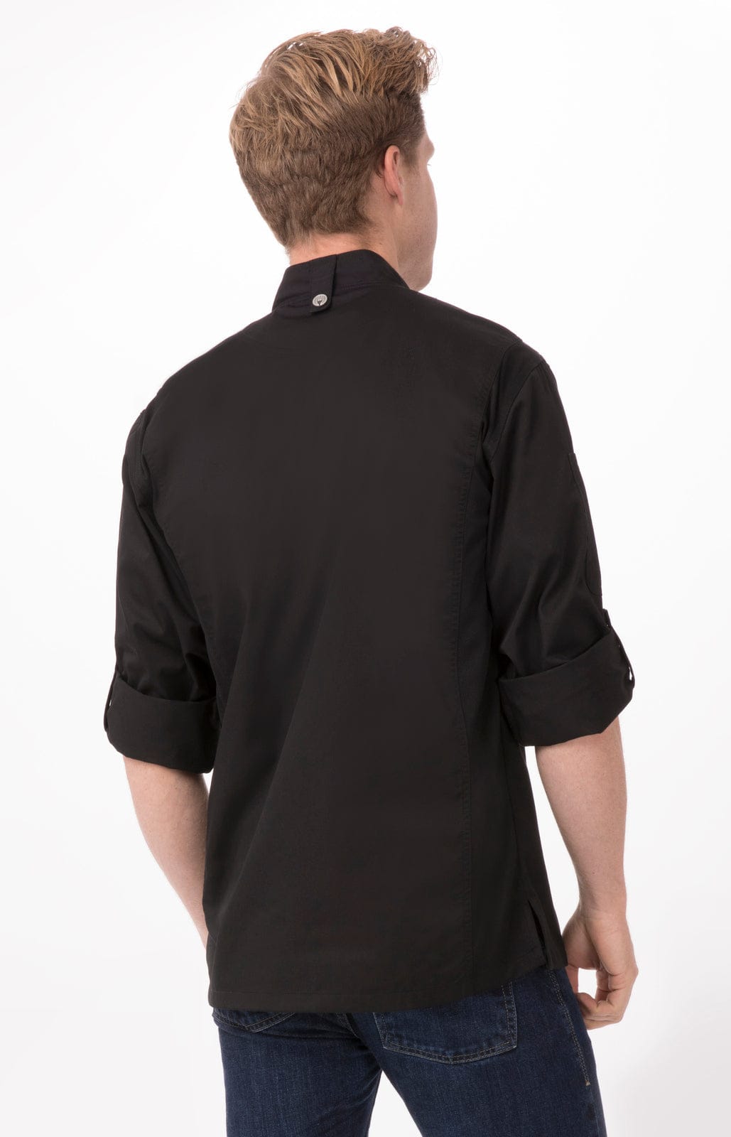 A black chef jacket featuring a folded collar and button closure, worn by a model from the back.