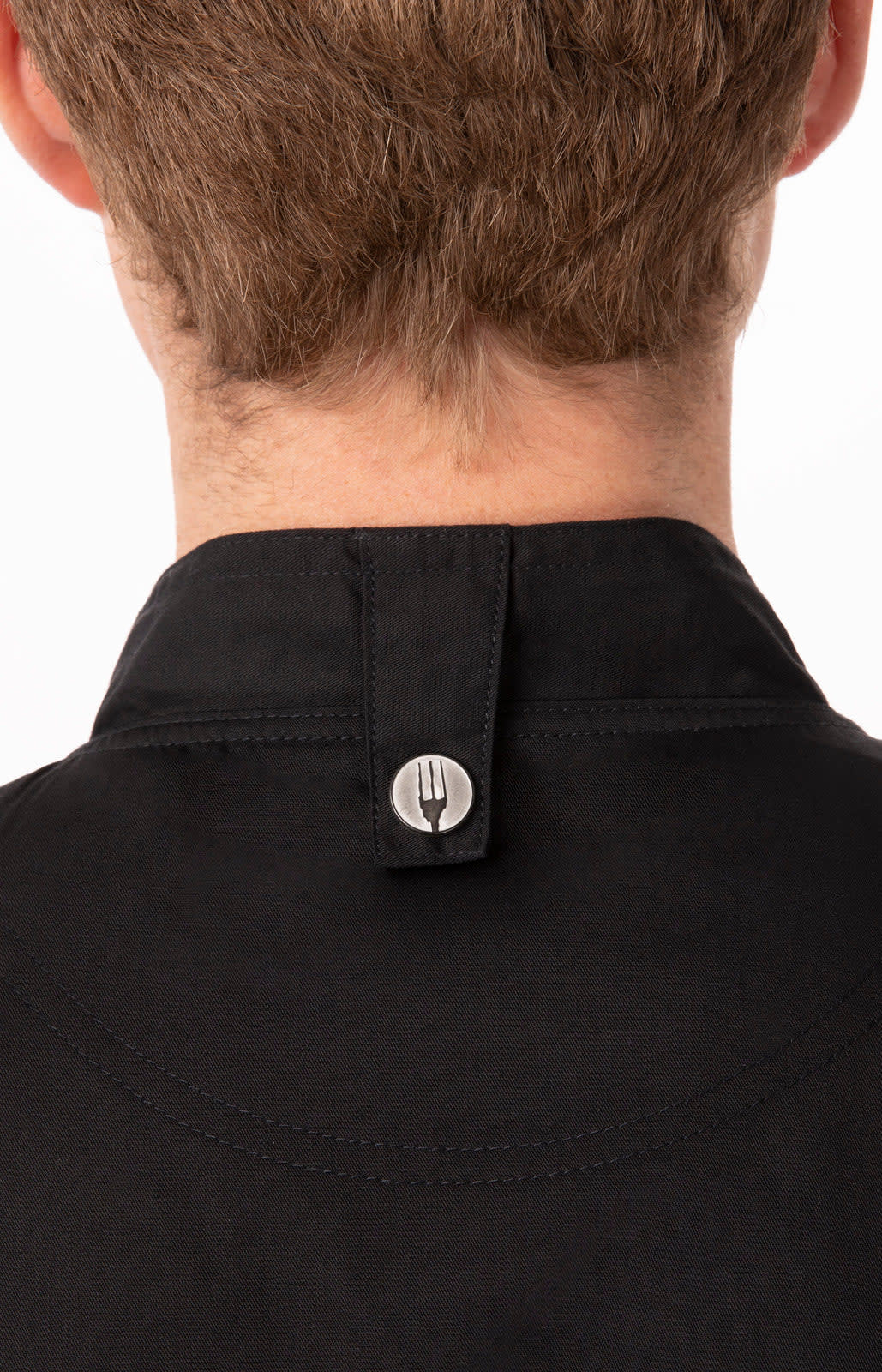 A black chef's jacket featuring a button detail at the back of the collar.