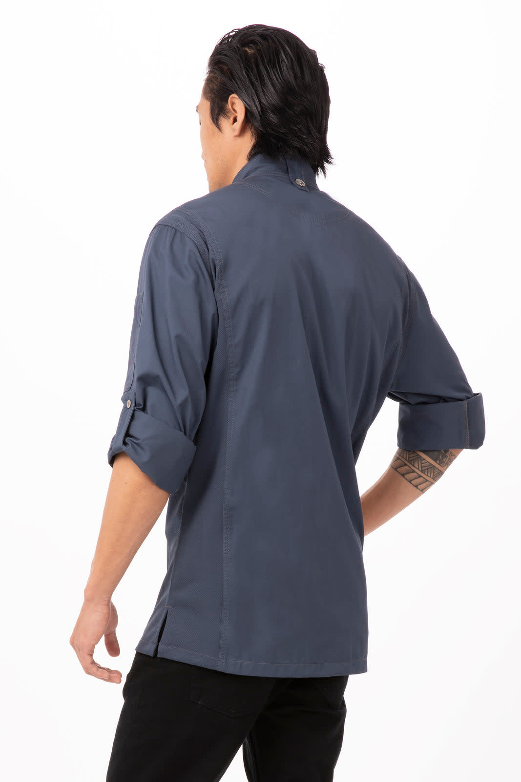 A navy men's chef jacket with rolled-up sleeves and a logo on the back.