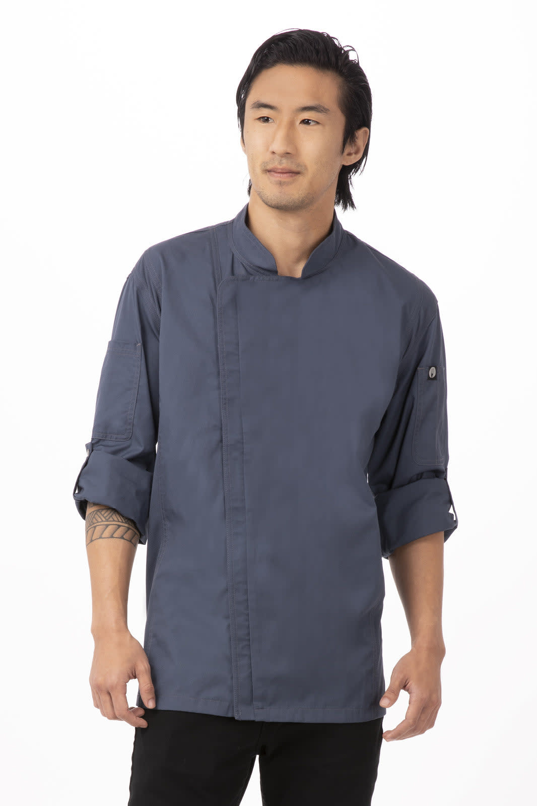 A navy chef jacket with a mandarin collar and rolled sleeves, featuring a logo on one sleeve.