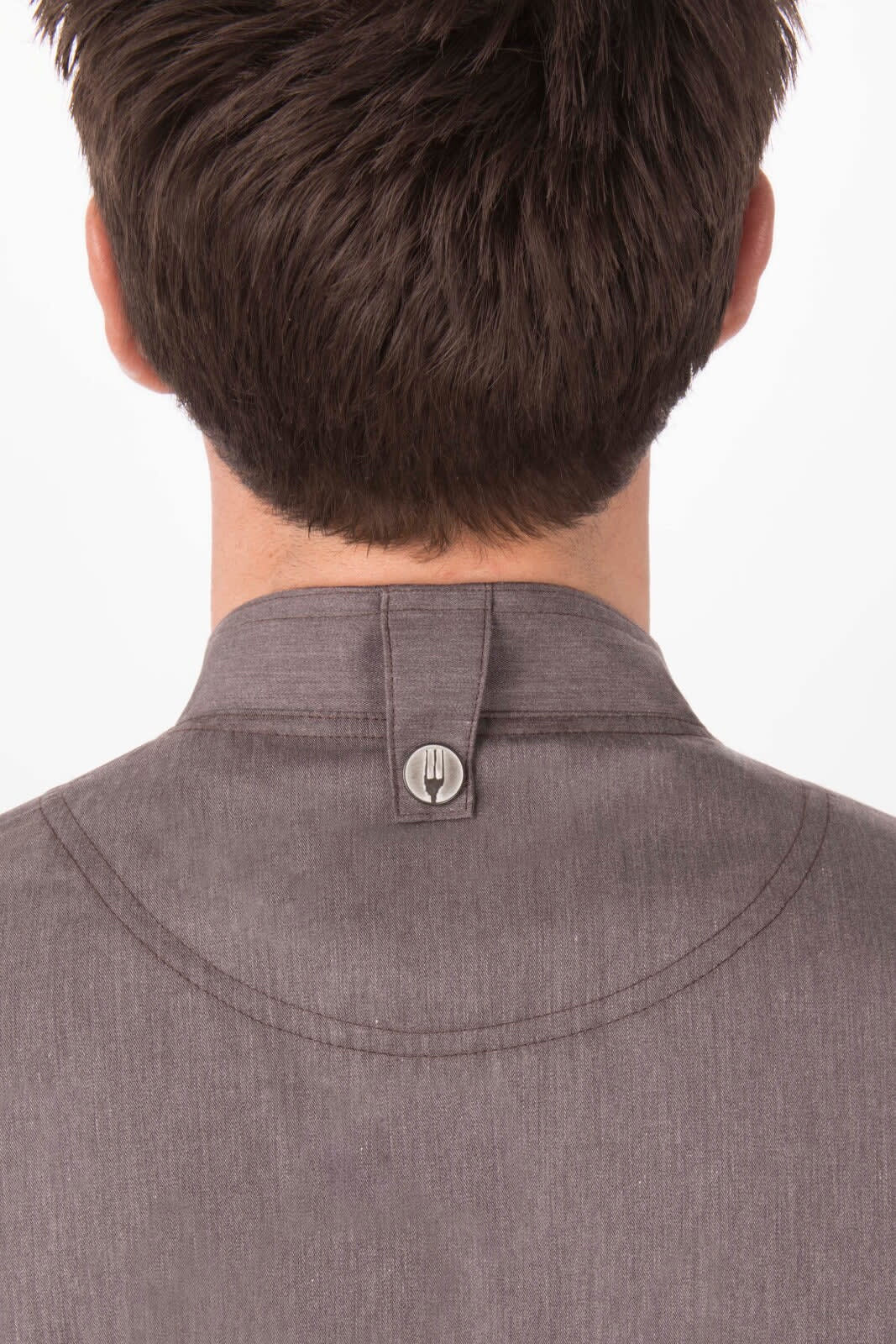 A men's chef jacket in grey, featuring a button closure at the back collar and a simple design.