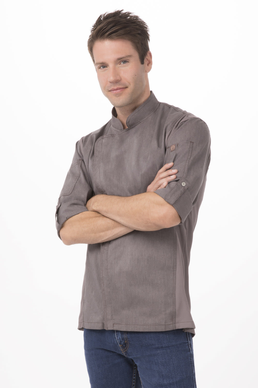 A men's chef jacket in a stylish grey with a mandarin collar and rolled sleeves, featuring a branding logo.