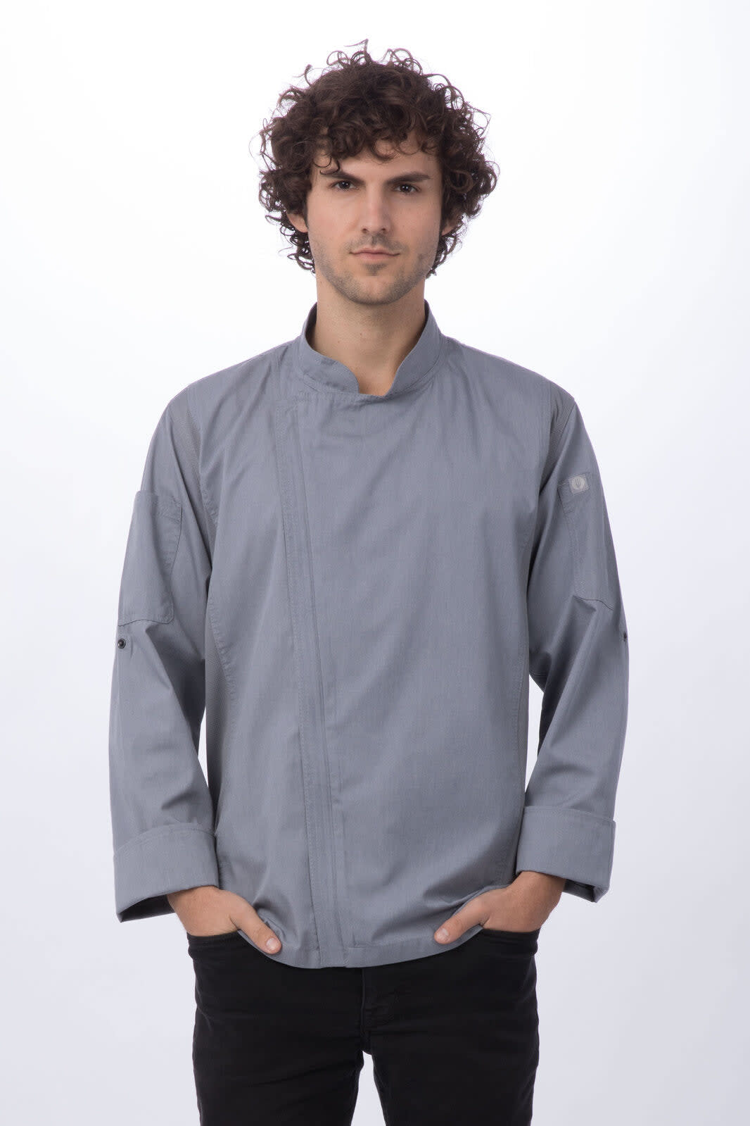 A grey men's chef jacket with a modern design, featuring long sleeves and a stand-up collar. It has a logo on it.