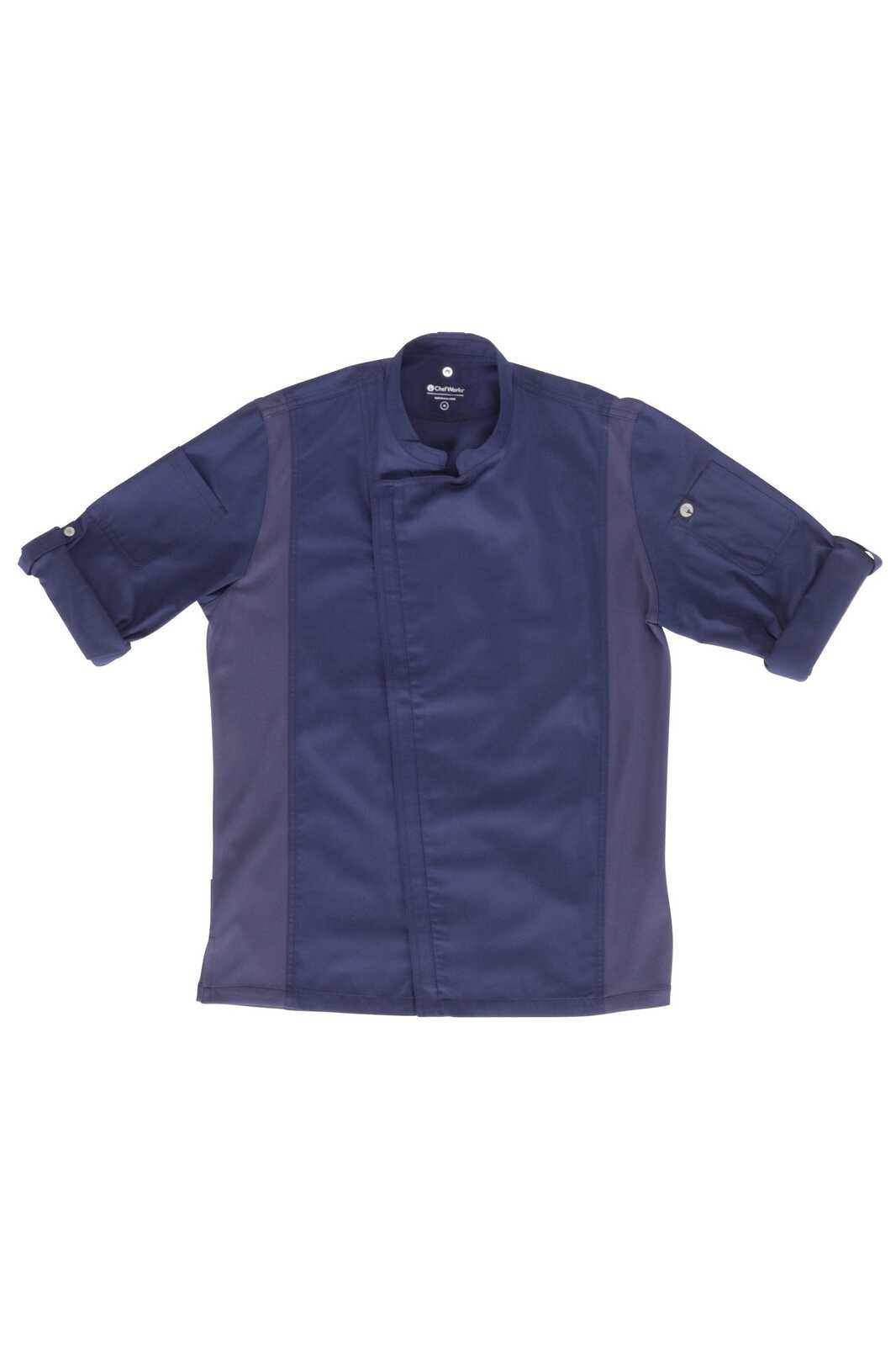 A navy blue men's chef jacket featuring a classic design and a logo on the chest.