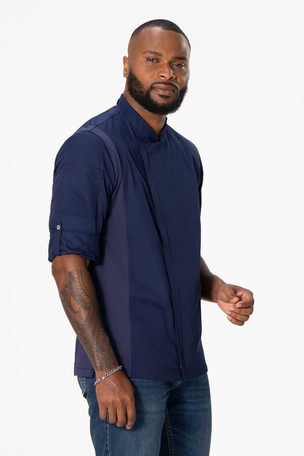 A navy men's chef jacket with short sleeves, featuring a mandarin collar and a logo on the front.