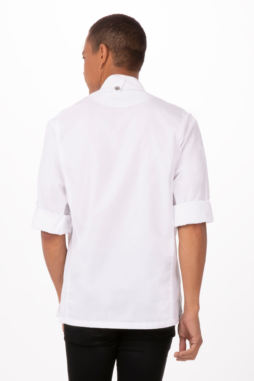 A white chef jacket featuring short sleeves, with a stylish back design and a logo on the collar.