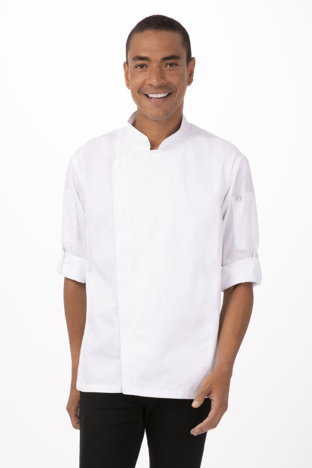 A white chef jacket with rolled sleeves worn by a smiling male model, featuring a logo on the sleeve.