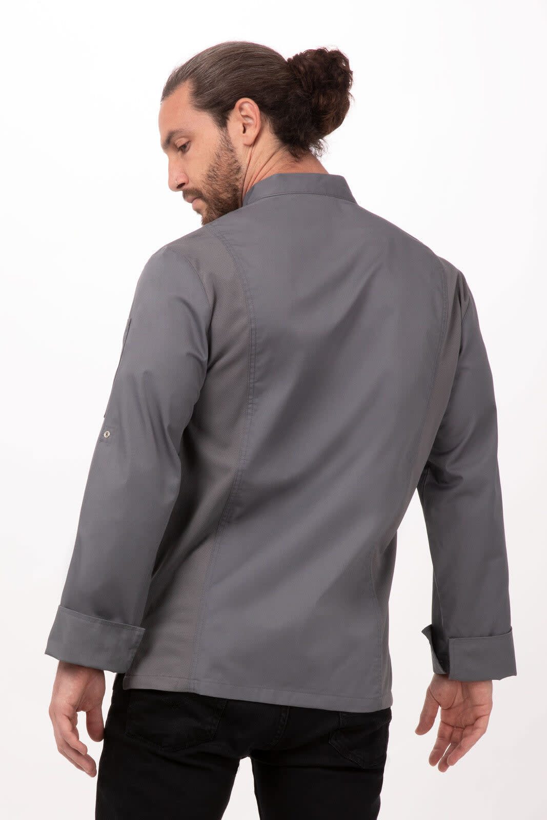 A grey men's chef jacket with long sleeves, featuring a structured collar and a logo detail.