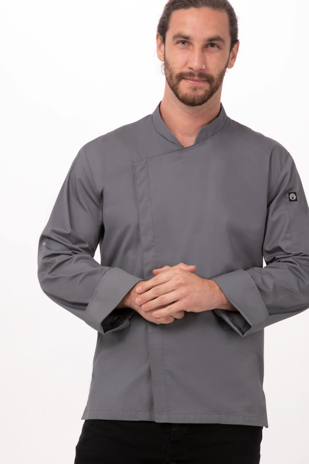 A men's grey chef jacket featuring long sleeves and a sleek design, complete with a logo.