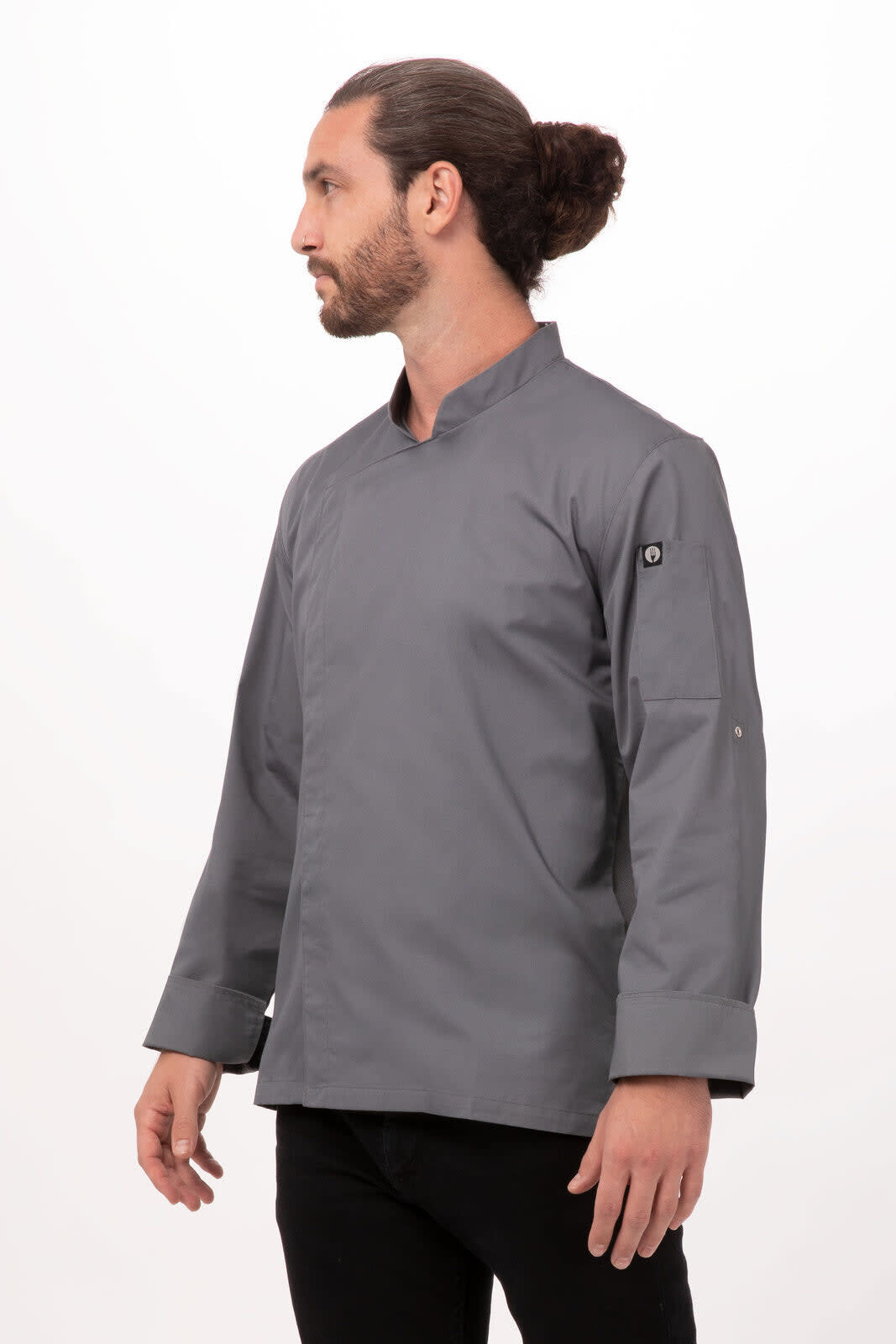 A grey chef jacket designed for men, featuring a stand-up collar and a logo on the sleeve.