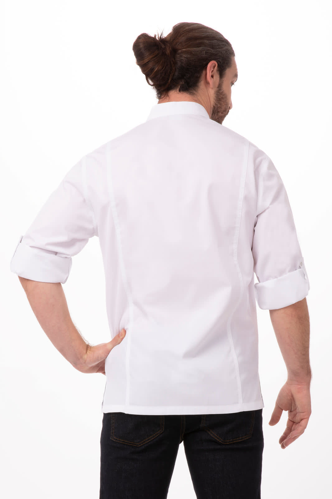 A white chef jacket with rolled sleeves, featuring a fitted back design and a logo on the chest.