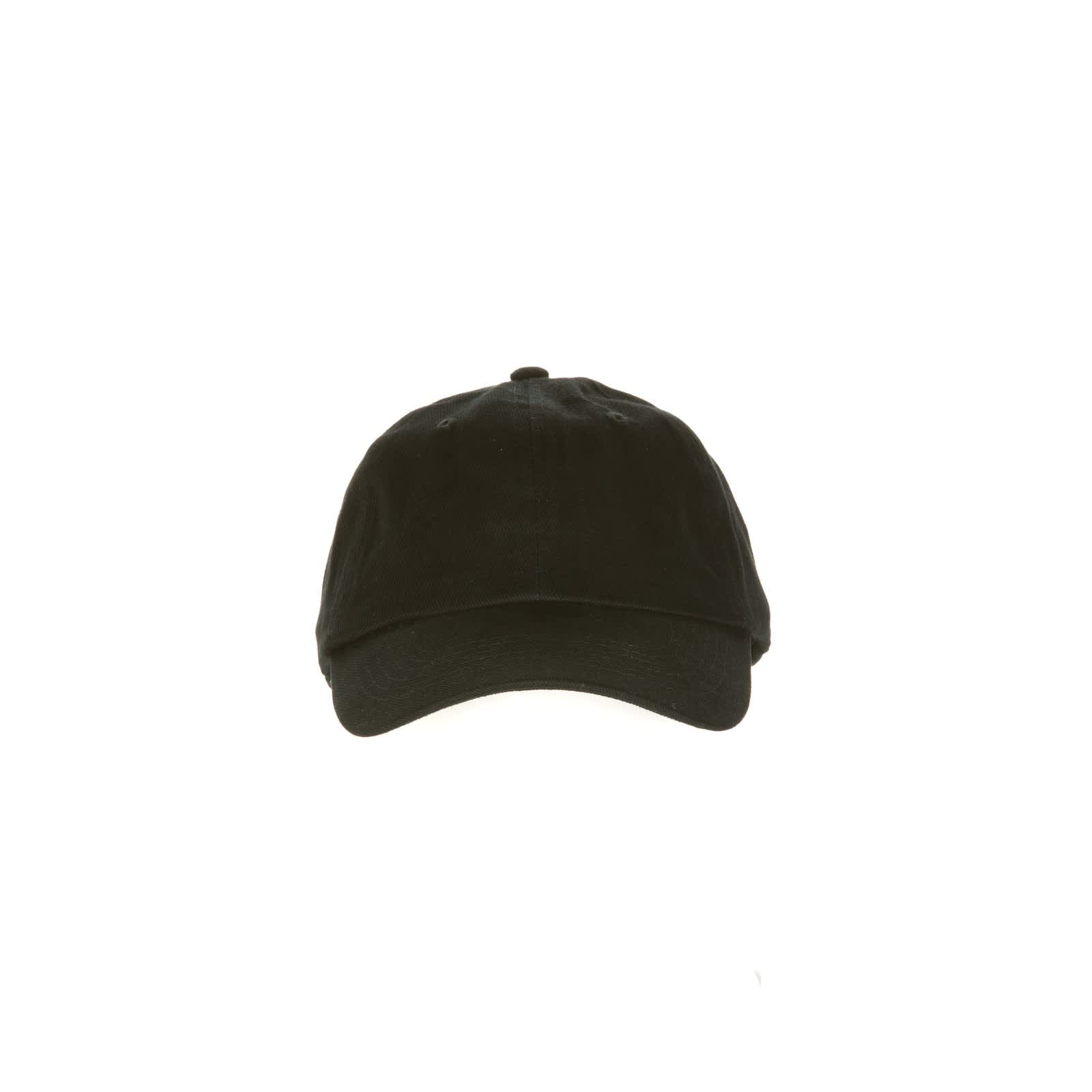 A black baseball cap featuring a curved brim and an adjustable strap at the back, with a branding logo.