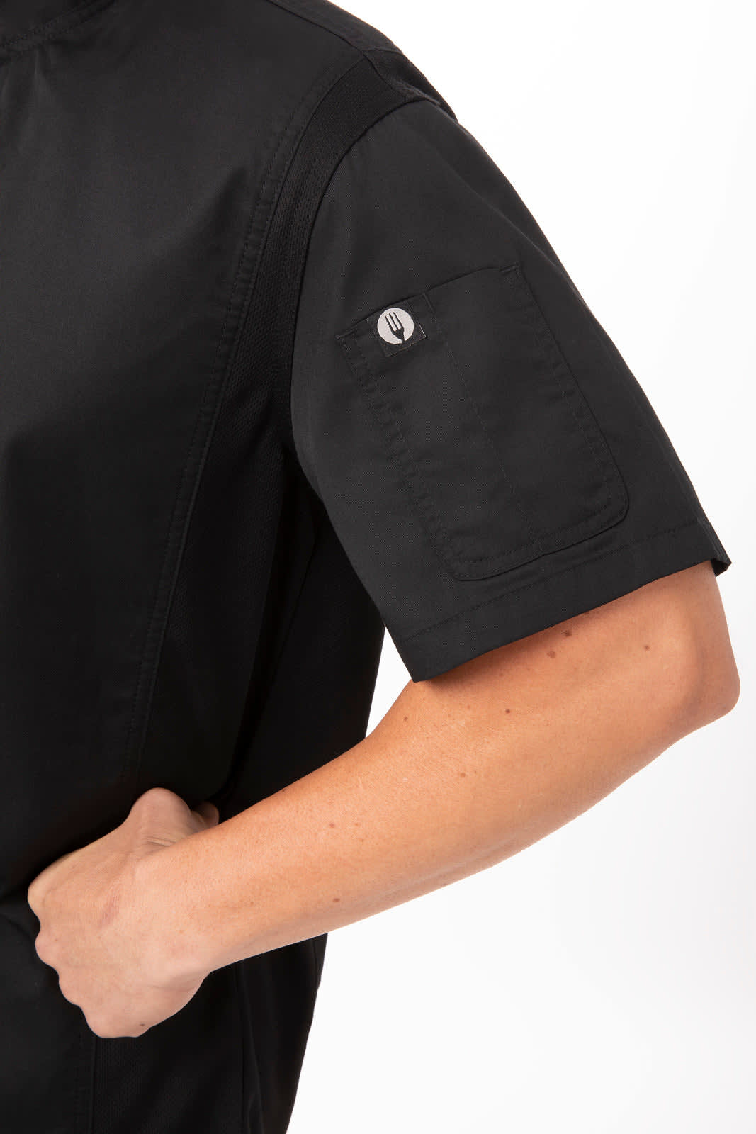 A black chef jacket featuring short sleeves and a pocket on the arm, with a logo on the pocket.