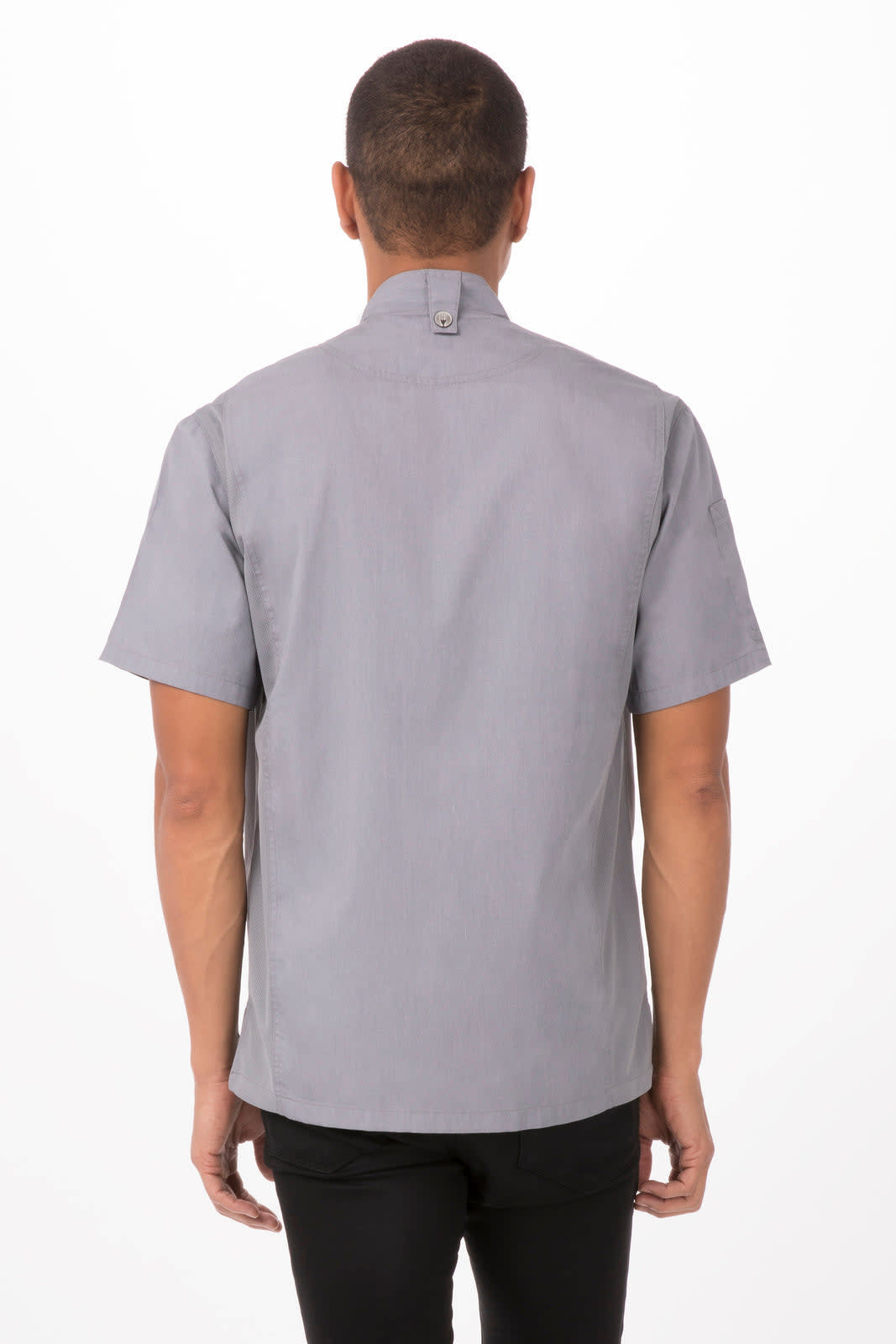 A grey men's chef jacket featuring short sleeves and a collar, with a logo on the back.