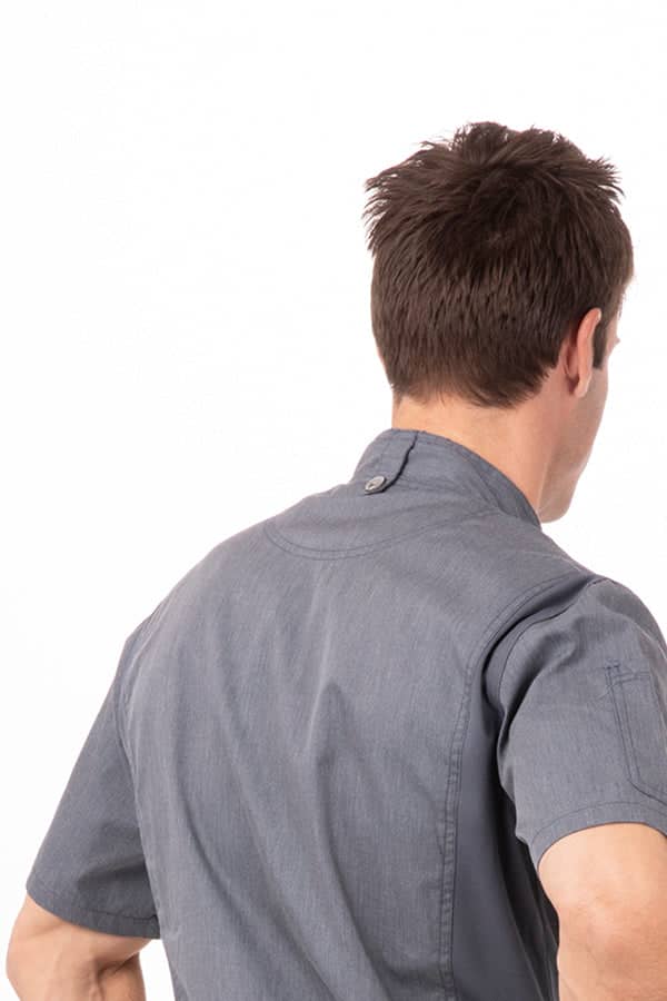 A grey chef jacket for men, featuring short sleeves and a collar. The back view shows a button closure at the neck.