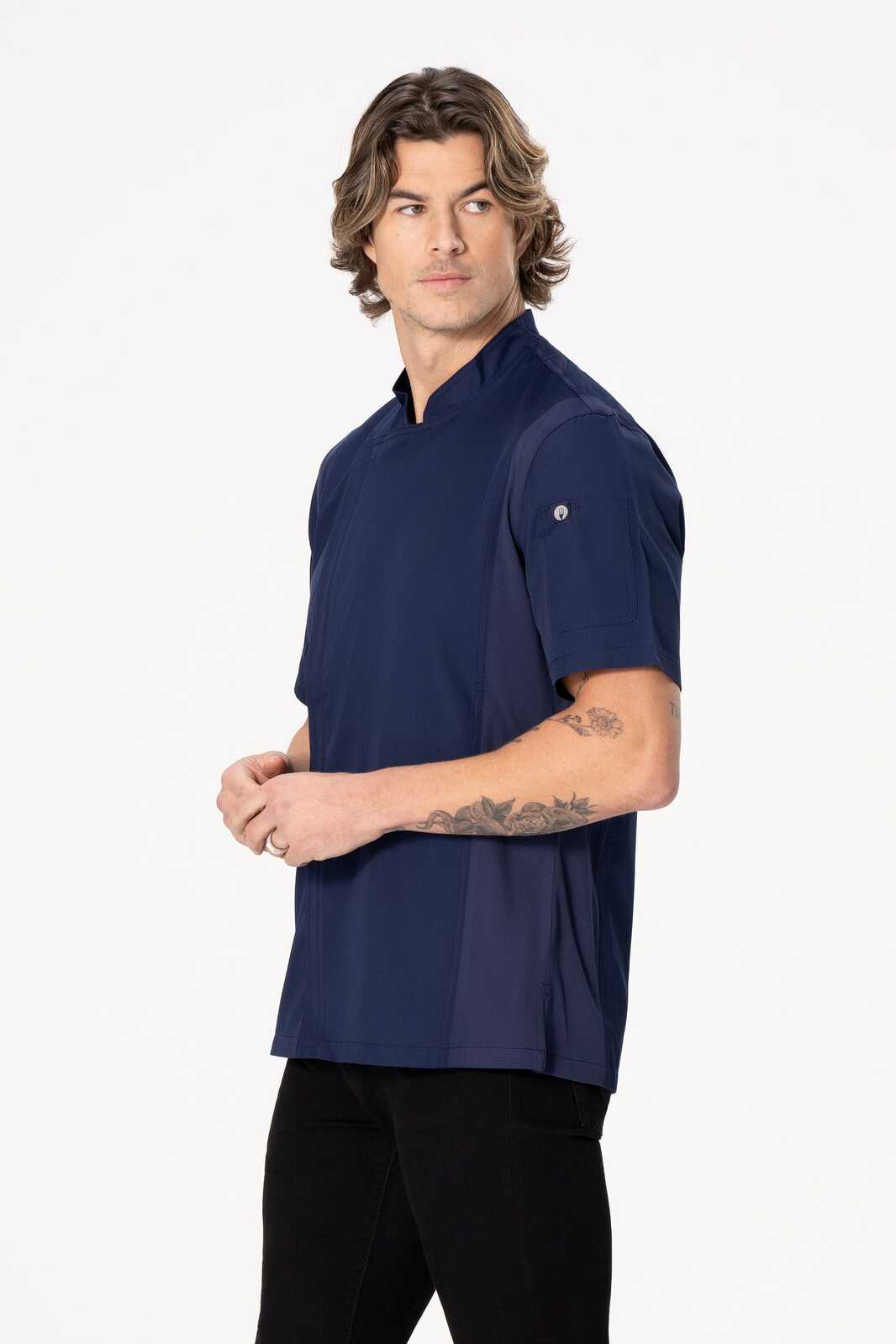 A navy blue men's chef jacket with a short sleeve design, featuring a logo on the side.
