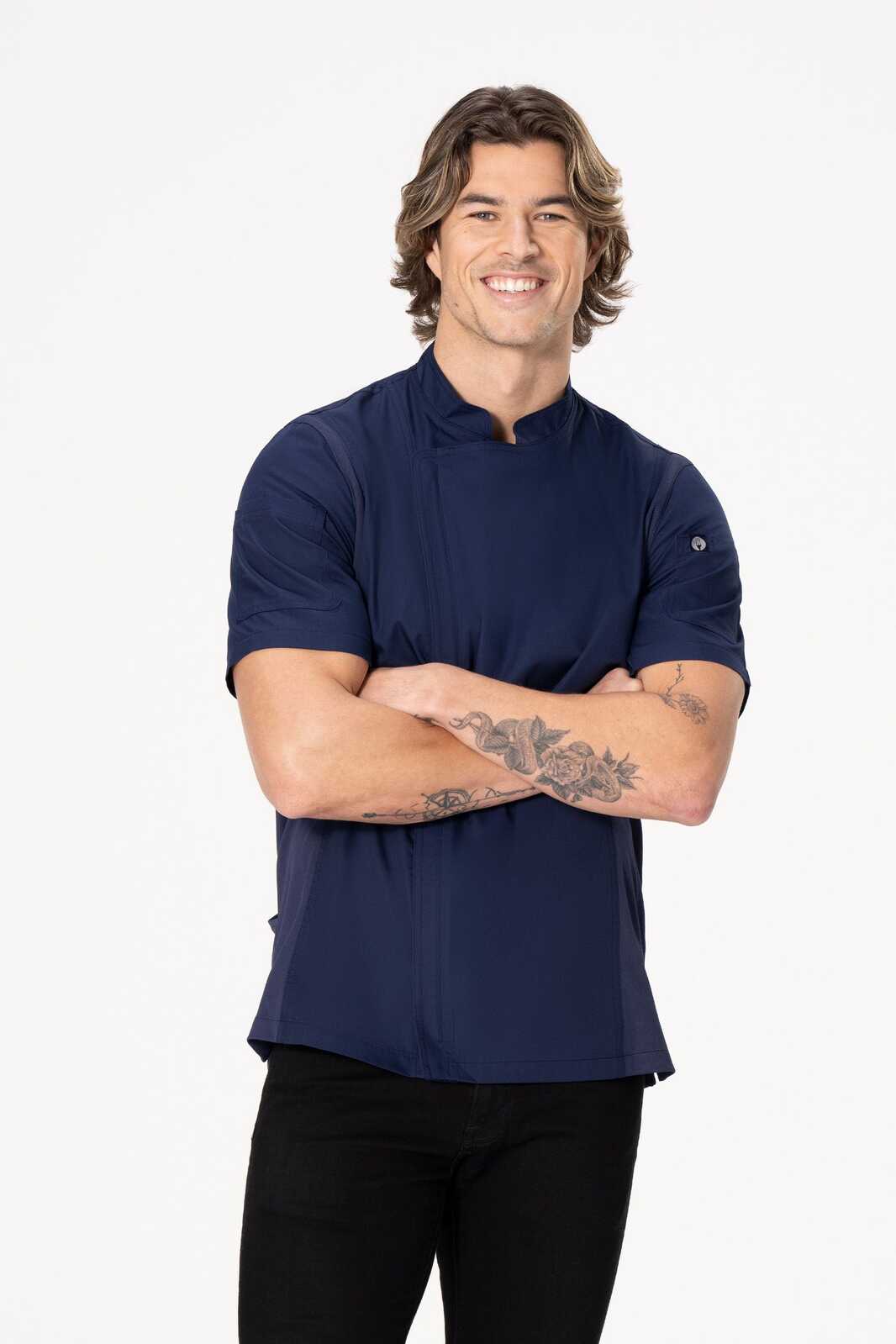 A navy blue men's chef jacket featuring short sleeves and a small logo on the sleeve.