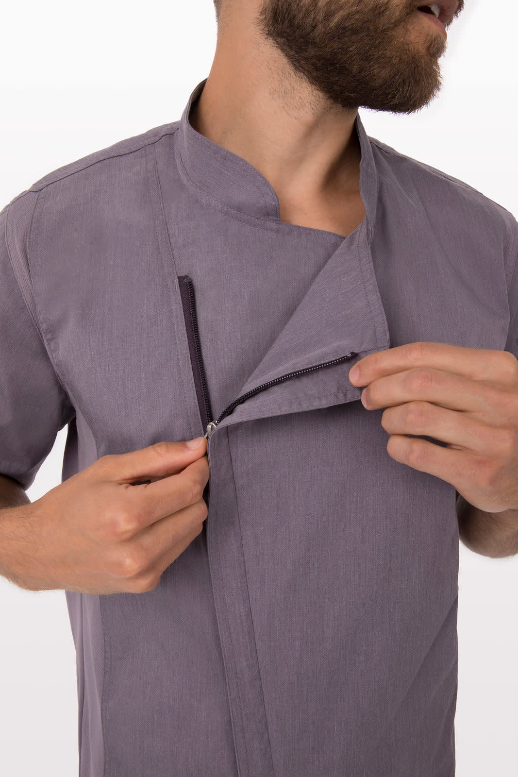 A men's chef jacket in grey, featuring a zippered front and a stand-up collar. It has a logo on one side.