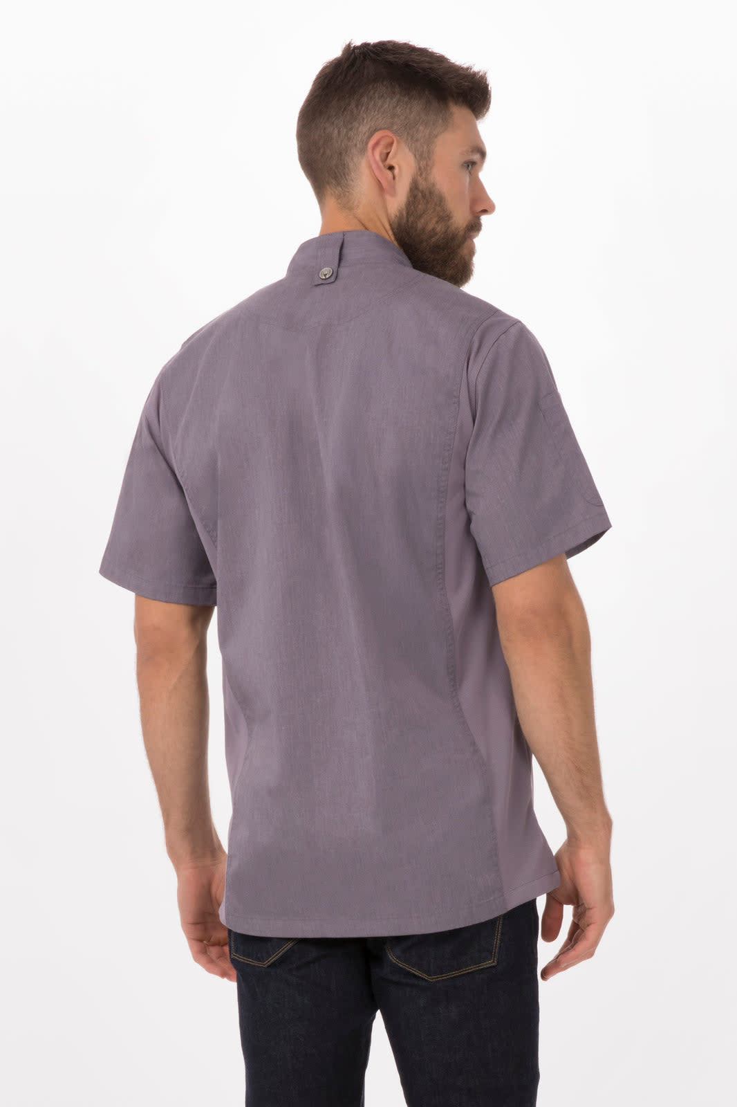 A short-sleeve men's chef jacket in a muted purple colour, featuring a collar and a back button detail.