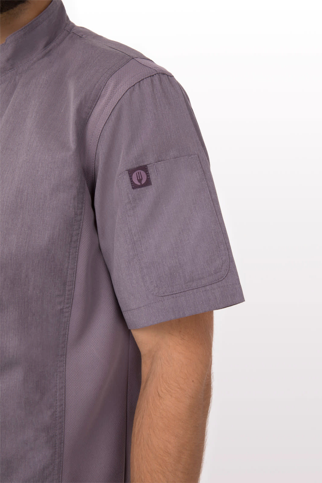 A short-sleeved, lavender chef jacket with a clean design and a logo on the sleeve.