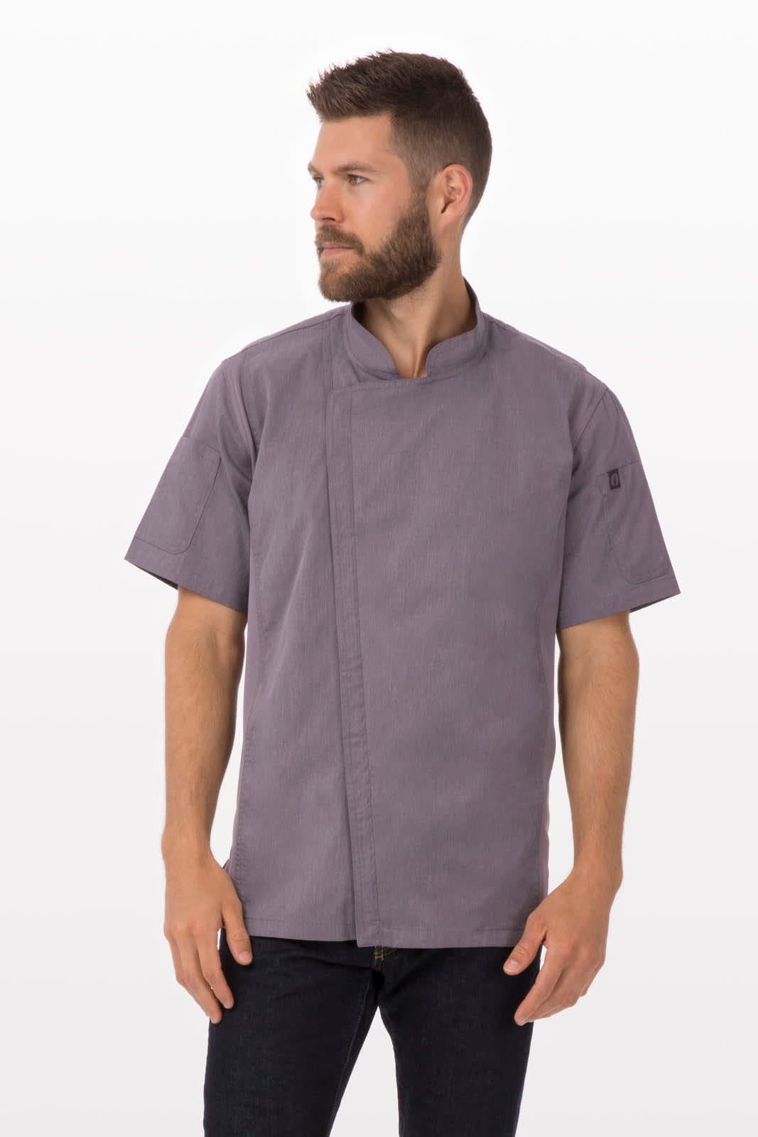 A men's chef jacket in a muted grey colour, featuring short sleeves and a subtle logo on one arm.