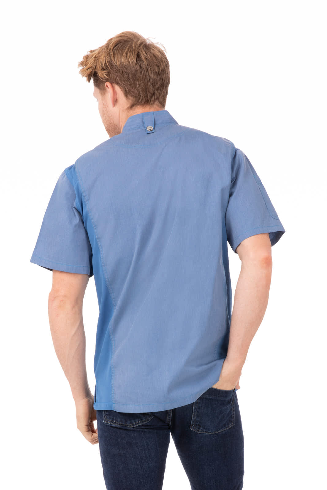 A blue chef jacket with short sleeves and a mandarin collar, featuring a logo on the back.