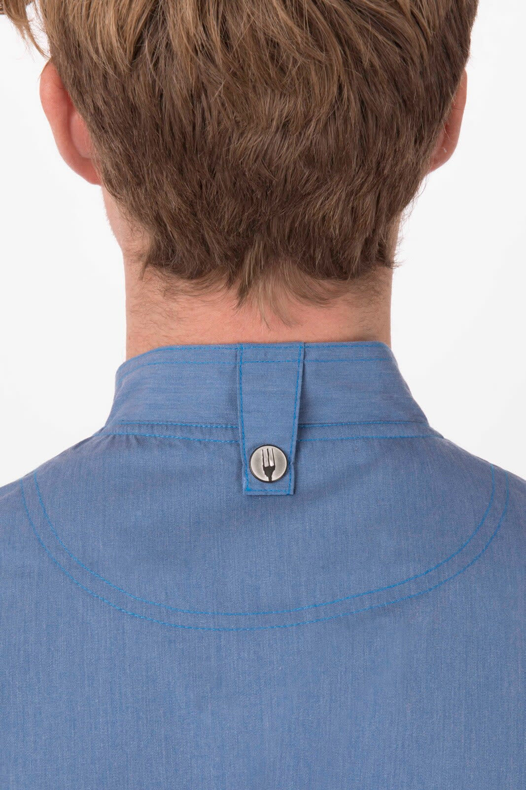 A men's chef jacket in blue featuring a standing collar with a fastened strap at the back and a logo.