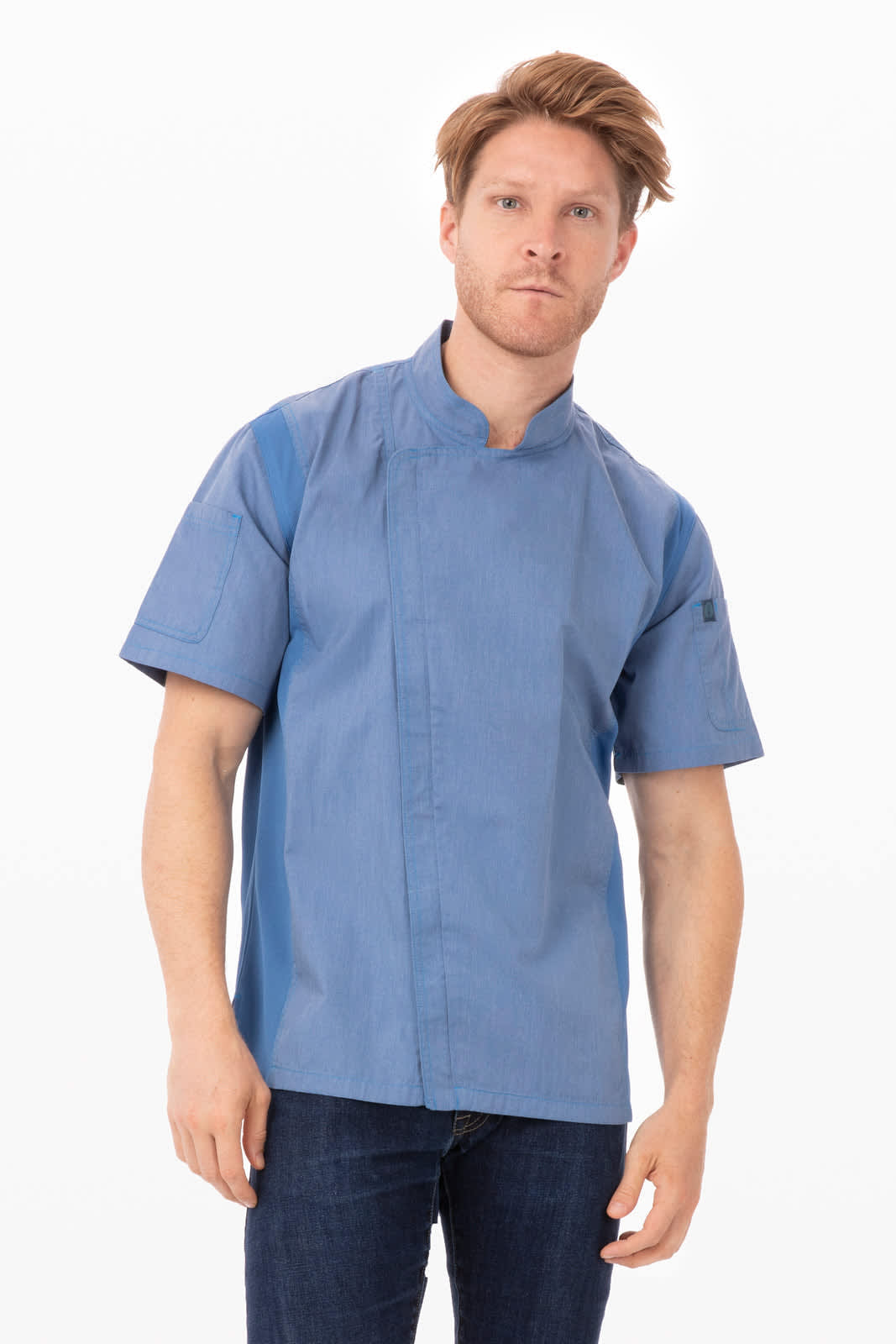 A blue men's chef jacket with short sleeves, featuring a stand-up collar and a logo on the sleeve.