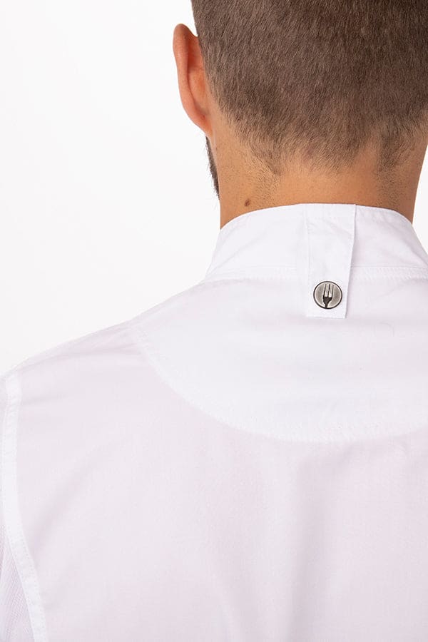 A white chef jacket featuring a back collar button and a logo, designed for male chefs.